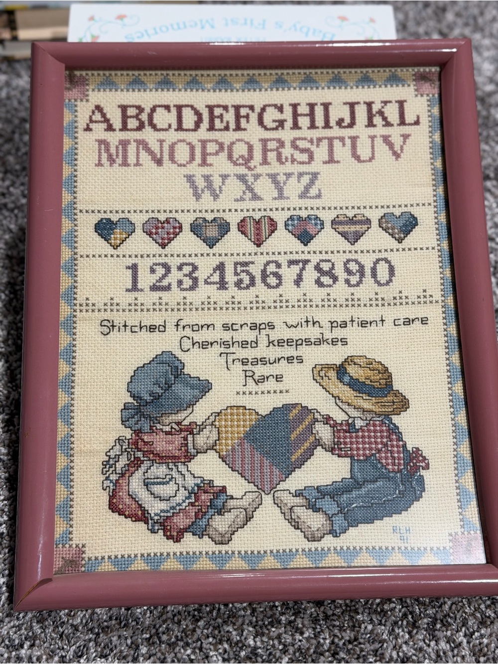 Vintage Cross Stitch Sampler Wall Art - Mauve Frame.  Country art